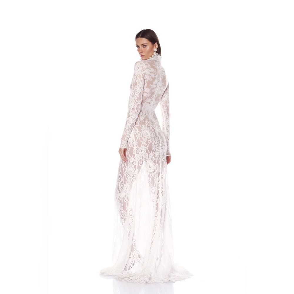 NEW BRONX AND BANCO Eleanor Long Sleeve High Slit White Lace Wedding Gown - Picture 5 of 16
